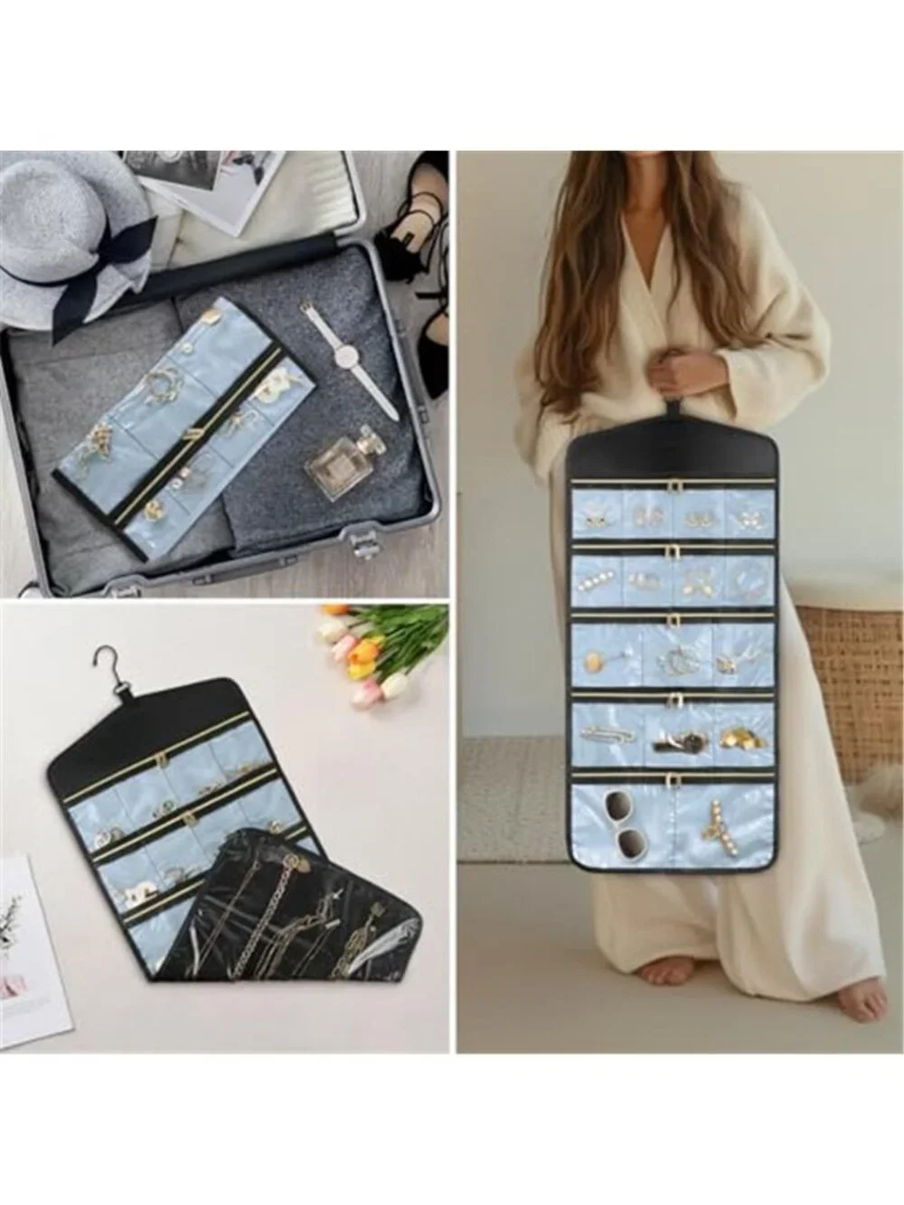 Hanging Jewelry Organizer Double Sided Necklace Earring Storage Bag Zipper